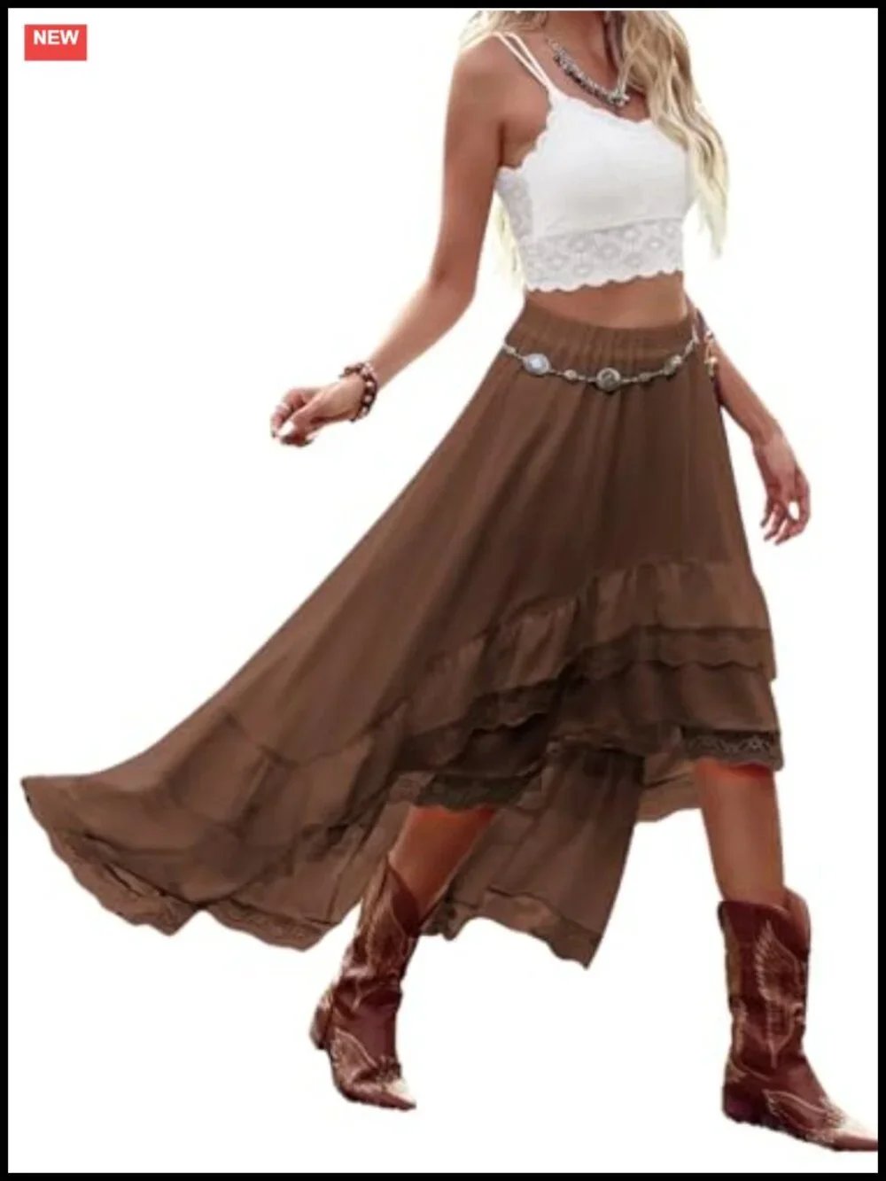 Women's Western Cowgirl Boho Lace Skirt Flowy Country Concert Outfit